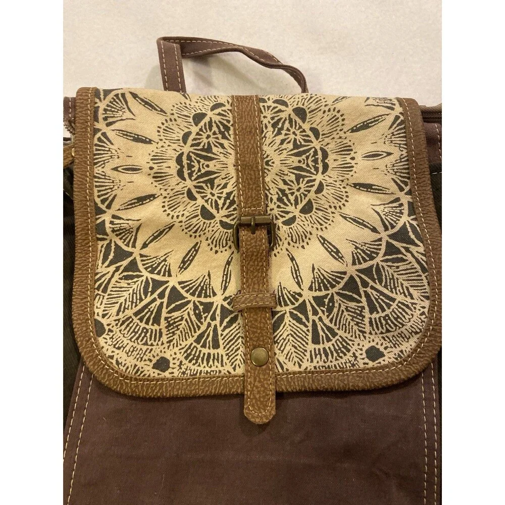 Boho Leather Backpack Mandala Print Flap, Vintage Bag Tribal Pattern Rucksack